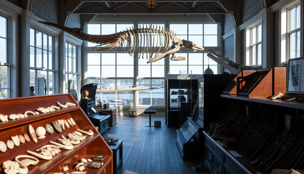 A well-lit, expansive whaling museum interior with antique displays and artifacts showcasing Nantucket's rich maritime history. In the foreground, intricate scrimshaw carvings and weathered harpoons adorn wooden shelves. The middle ground features a large whale skeleton suspended from the ceiling, casting dramatic shadows. In the background, floor-to-ceiling windows offer glimpses of the island's iconic gray-shingled buildings and the distant harbor. The overall mood is one of reverence and historical significance, inviting visitors to step back in time and immerse themselves in Nantucket's whaling legacy. A well-lit, expansive whaling museum interior with antique displays and artifacts showcasing Nantucket's rich maritime history. In the foreground, intricate scrimshaw carvings and weathered harpoons adorn wooden shelves. The middle ground features a large whale skeleton suspended from the ceiling, casting dramatic shadows. In the background, floor-to-ceiling windows offer glimpses of the island's iconic gray-shingled buildings and the distant harbor. The overall mood is one of reverence and historical significance, inviting visitors to step back in time and immerse themselves in Nantucket's whaling legacy.