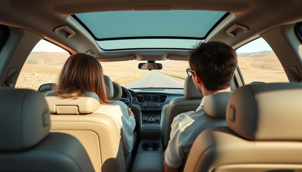 A well-lit, spacious interior of a modern family vehicle, with an emphasis on safety features. In the foreground, a comfortable seating arrangement for multiple passengers, including child car seats and booster seats. The middle ground showcases the advanced dashboard display, highlighting driver-assist technologies, secure locking systems, and emergency response capabilities. In the background, a serene, sunlit highway winds through rolling hills, conveying a sense of a safe and enjoyable road trip. The overall tone is one of confidence, comfort, and responsible family travel.