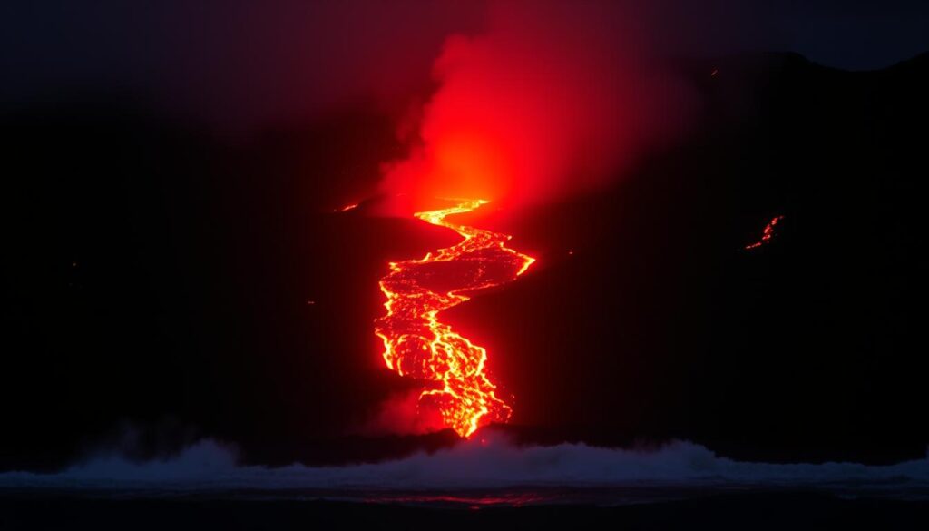 Active lava flow at Hawaii Volcanoes National Park at night Active lava flow at Hawaii Volcanoes National Park at night
