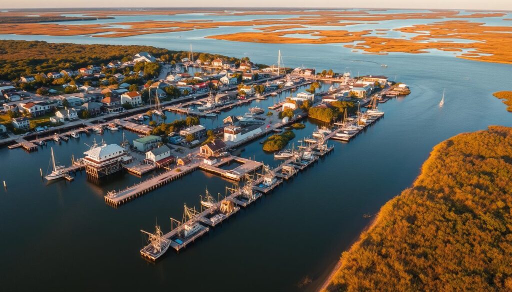 Aerial view of Cedar Key, Florida with its old fishing docks - a genuine hidden beach town USA Aerial view of Cedar Key, Florida with its old fishing docks - a genuine hidden beach town USA