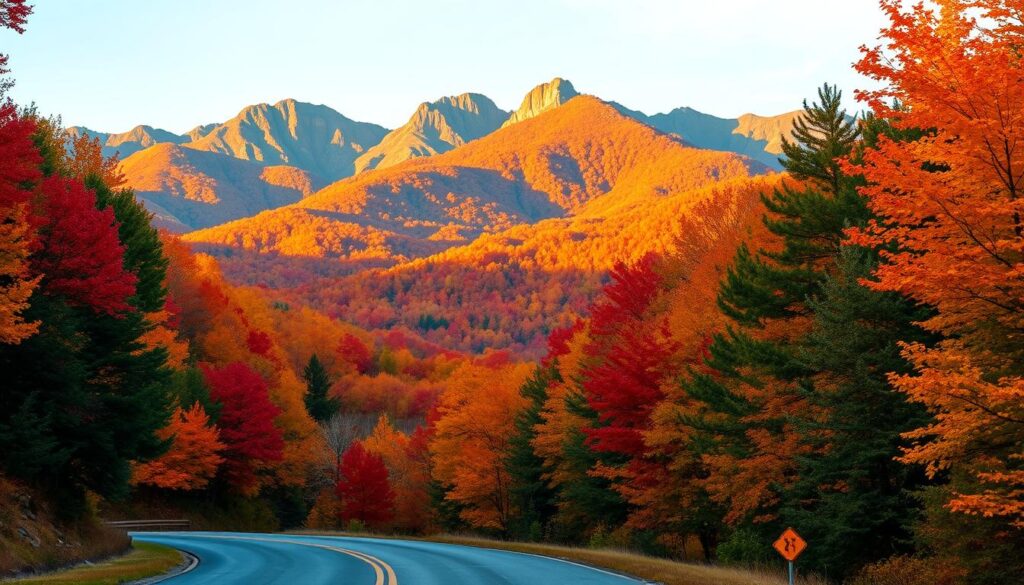 Autumn foliage paints the scenic Smoky Mountains in a vibrant tapestry of crimson, gold, and amber. A winding road leads through this breathtaking landscape, with towering peaks in the distance framed by a warm, golden-hour glow. Lush, verdant forests line the roadside, their leaves rustling gently in the cool, crisp breeze. The image captures the essence of a quintessential fall drive, where nature's beauty takes center stage and the journey becomes the destination.