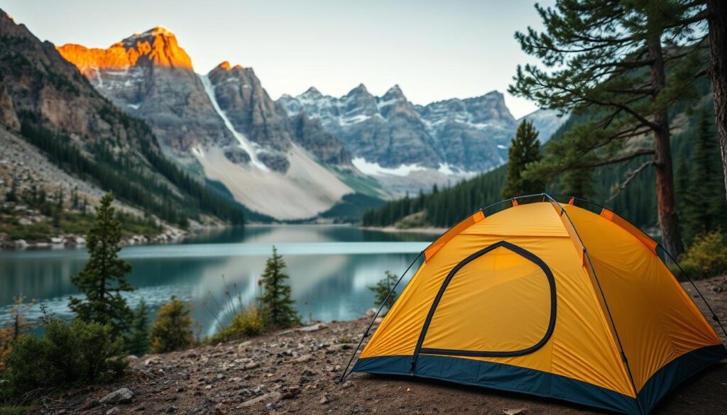 Campsite with tent set up near a lake in a national park Campsite with tent set up near a lake in a national park