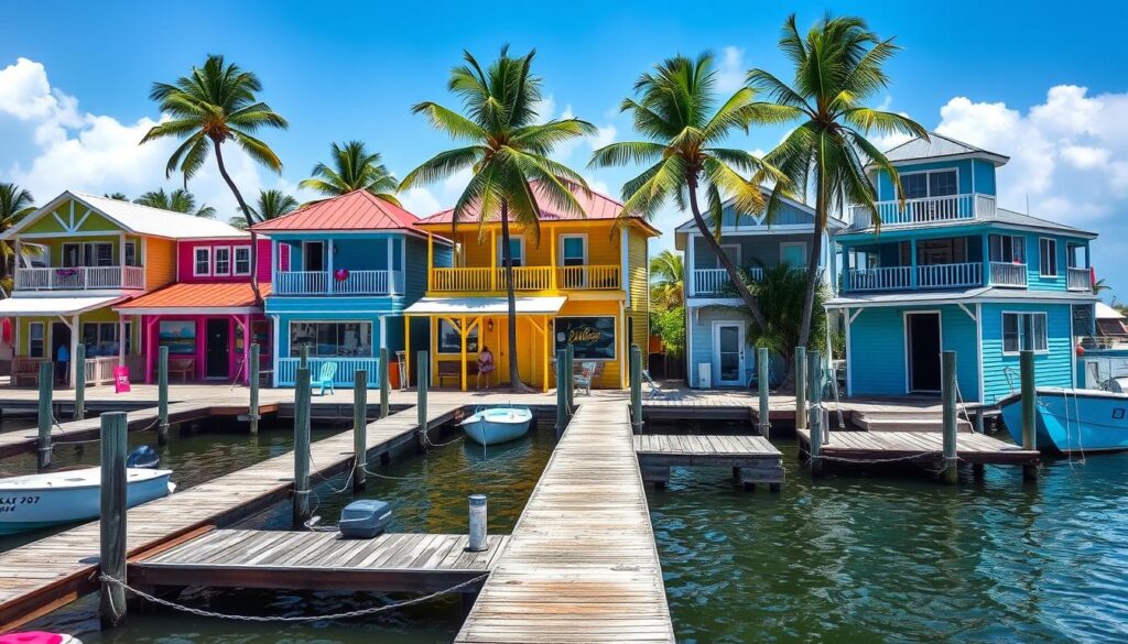 Colorful buildings in Matlacha, Florida - one of the most vibrant hidden beach towns USA Colorful buildings in Matlacha, Florida - one of the most vibrant hidden beach towns USA
