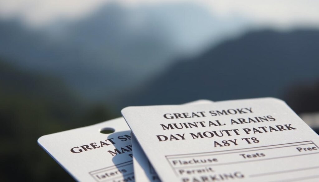 Detailed close-up of Great Smoky Mountains National Park parking permits, shot with a macro lens in natural lighting. The permits are showcased against a blurred, hazy background suggestive of the park's iconic misty mountain landscapes. The permits are displayed in the foreground, conveying a sense of preparation and organization necessary for a smooth self-drive journey through this scenic wilderness. The overall mood is one of anticipation and a spirit of adventure, inviting the viewer to imagine themselves embarking on an immersive exploration of the Smoky Mountains.