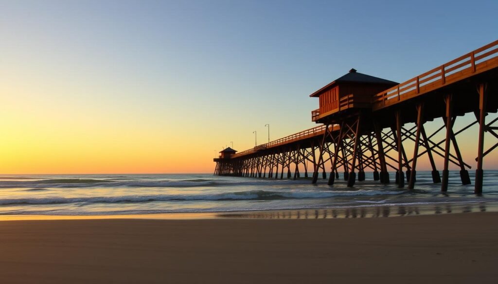 Folly Beach Pier at sunrise, South Carolina - a laid-back hidden beach town USA Folly Beach Pier at sunrise, South Carolina - a laid-back hidden beach town USA