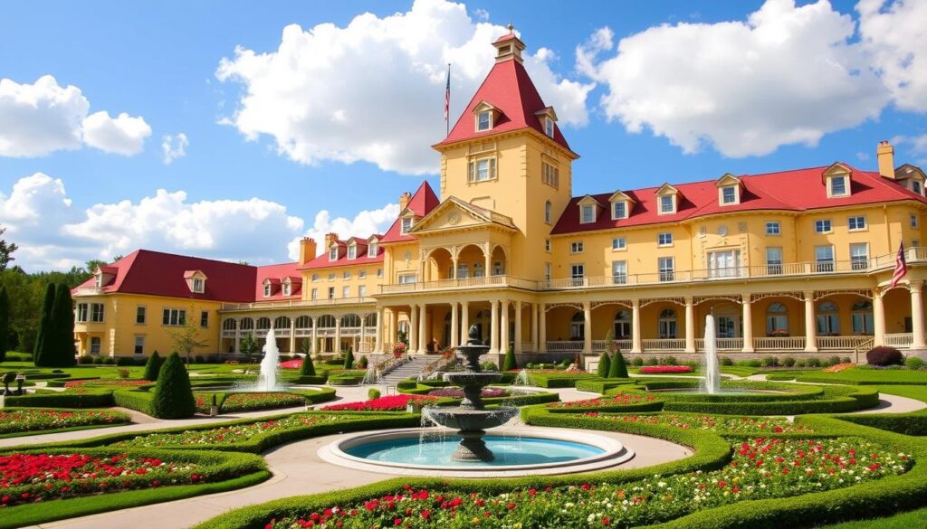 French Lick Springs Hotel exterior and gardens in Indiana French Lick Springs Hotel exterior and gardens in Indiana