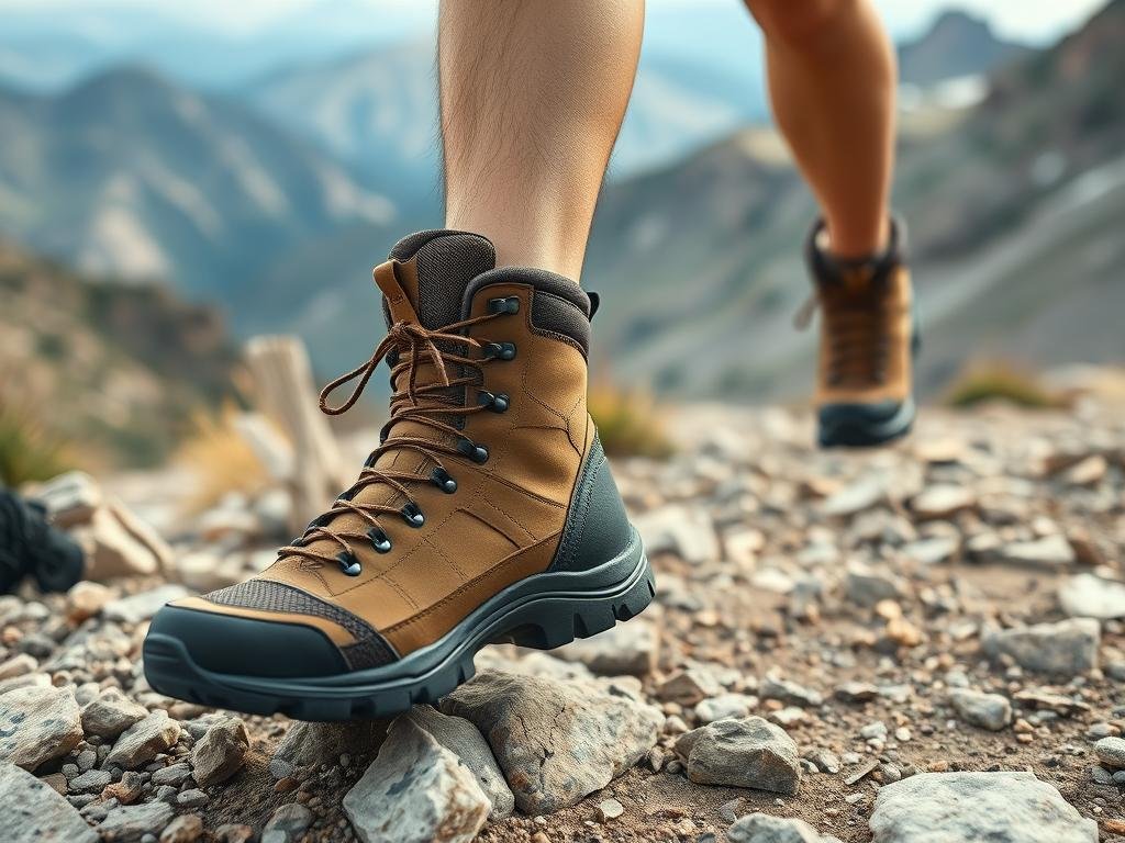 Hiker wearing quality hiking boots on a rocky trail in USA national parks Hiker wearing quality hiking boots on a rocky trail in USA national parks