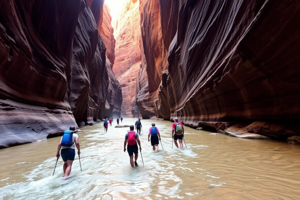 Hikers in The Narrows slot canyon in Zion National Park Hikers in The Narrows slot canyon in Zion National Park