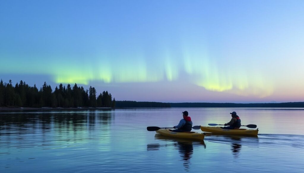 Kayakers on a lake in Voyageurs National Park with northern lights Kayakers on a lake in Voyageurs National Park with northern lights