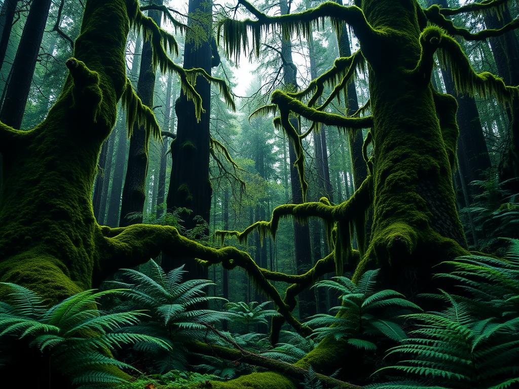 Lush green Hoh Rainforest in Olympic National Park with moss-covered trees Lush green Hoh Rainforest in Olympic National Park with moss-covered trees