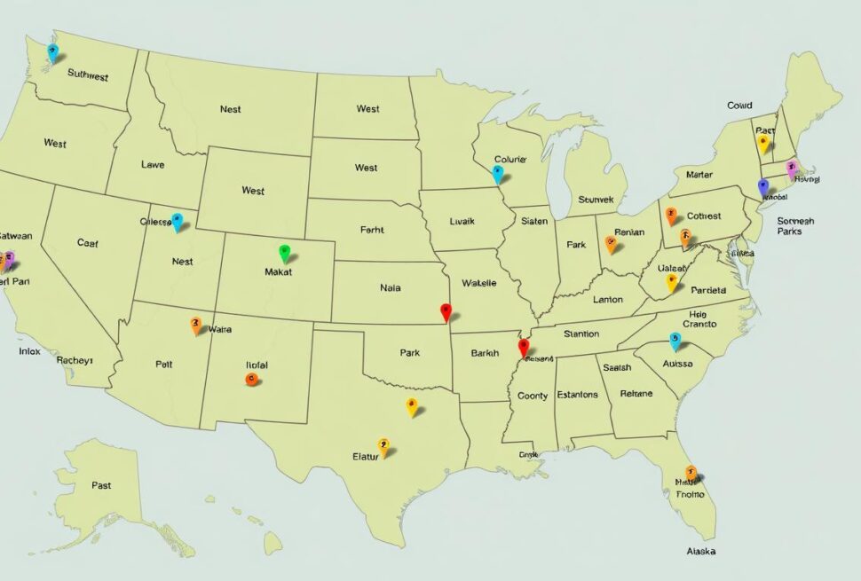 Map of USA national parks showing all 63 parks across different regions