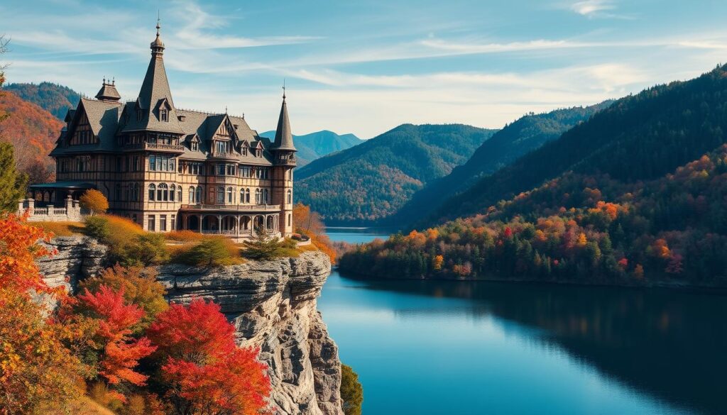 Mohonk Mountain House exterior with lake view in New Paltz Mohonk Mountain House exterior with lake view in New Paltz