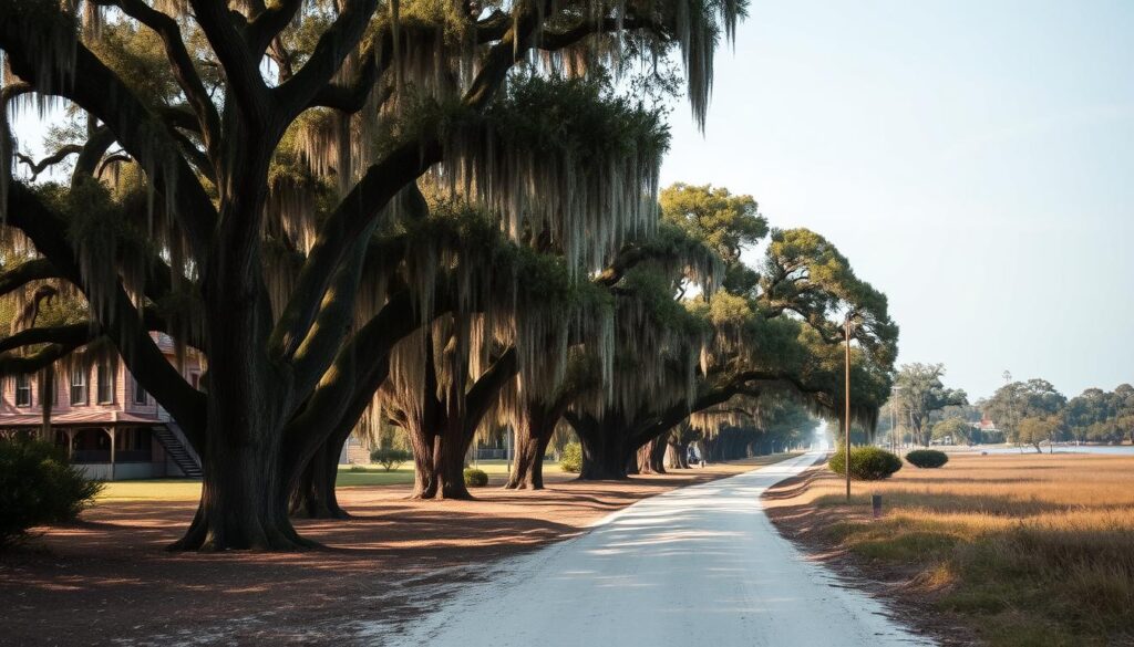 Oak trees draped with Spanish moss on Daufuskie Island - a remote hidden beach town USA Oak trees draped with Spanish moss on Daufuskie Island - a remote hidden beach town USA