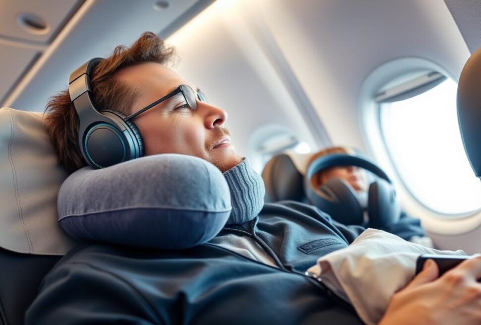 Person comfortably using travel gear during a long flight