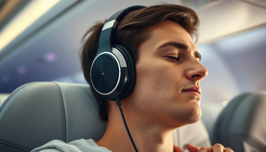 Person wearing noise-canceling headphones on a plane