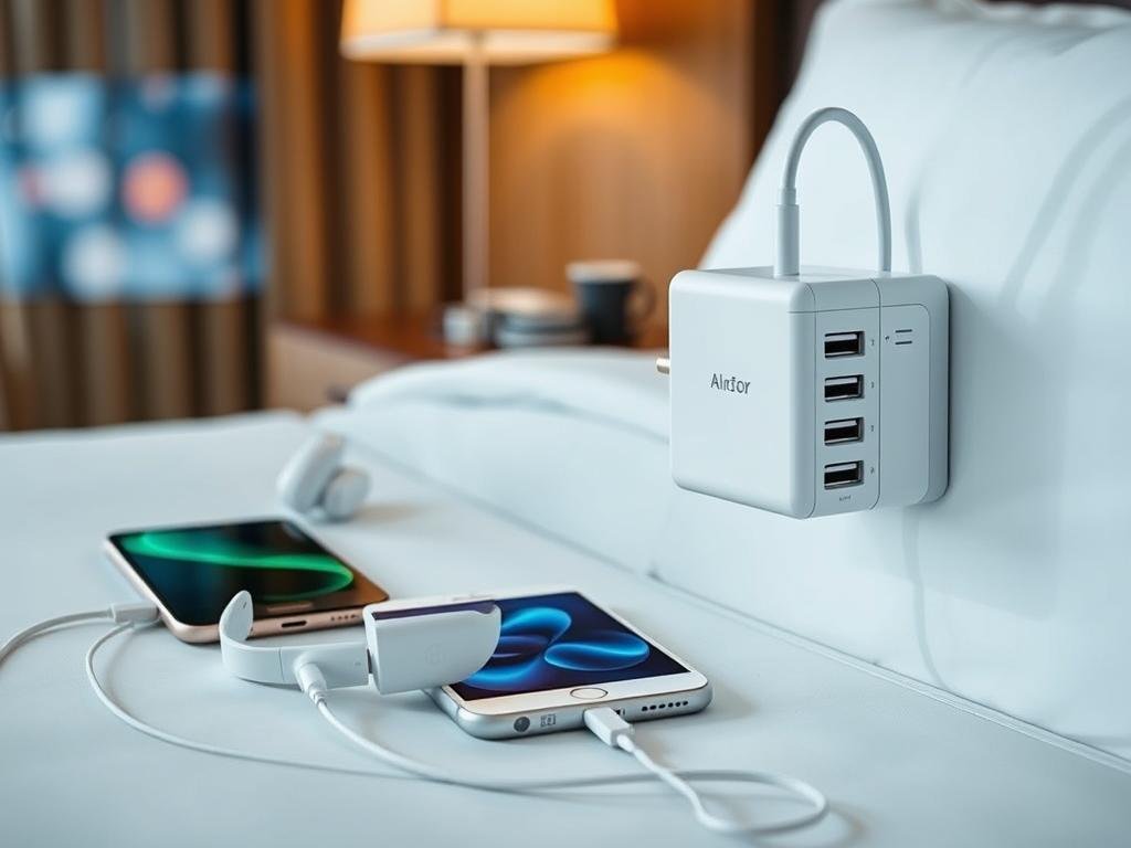 Power adapter with multiple USB ports charging devices