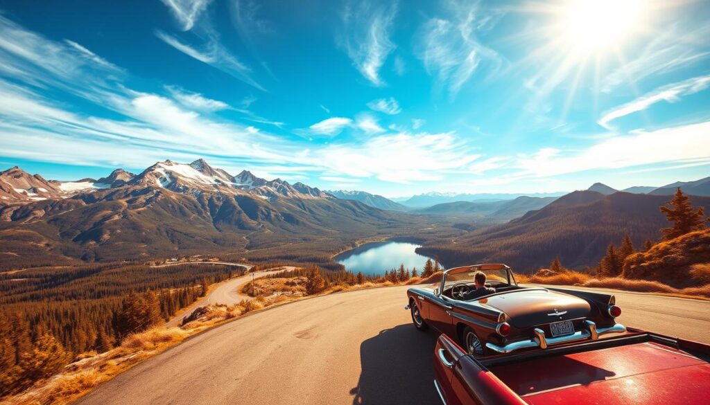 Scenic drives USA: A breathtaking landscape of winding roads, majestic mountains, and sun-dappled forests. In the foreground, a sleek vintage convertible hugs the curves of a remote highway, its driver and passenger taking in the panoramic vistas. The middle ground features towering peaks capped with snow, their rugged slopes mirrored in a serene alpine lake. In the distance, wispy clouds drift across a azure sky, casting shifting patterns of light and shadow over the verdant wilderness. Warm, golden illumination bathes the scene, creating a sense of adventure and tranquility. Captured through the lens of a wide-angle camera, this image invites the viewer to experience the thrill and wonder of an iconic American road trip.