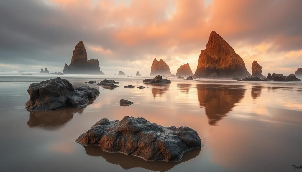 Sea stacks and rock formations at Bandon Beach, Oregon - one of the scenic hidden beach towns USA Sea stacks and rock formations at Bandon Beach, Oregon - one of the scenic hidden beach towns USA