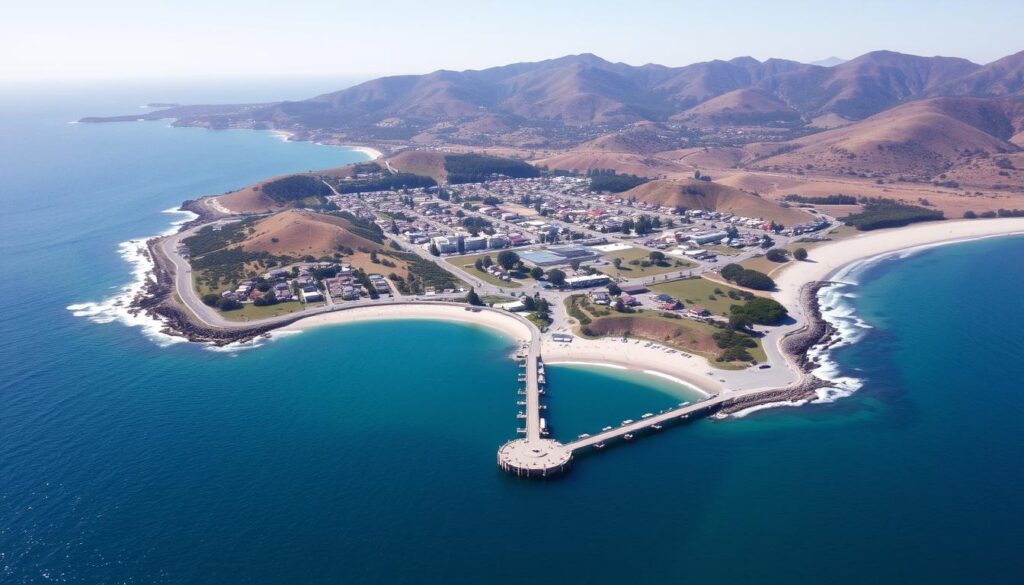 Sunny day at Avila Beach, California with its protected cove - a perfect hidden beach town USA Sunny day at Avila Beach, California with its protected cove - a perfect hidden beach town USA
