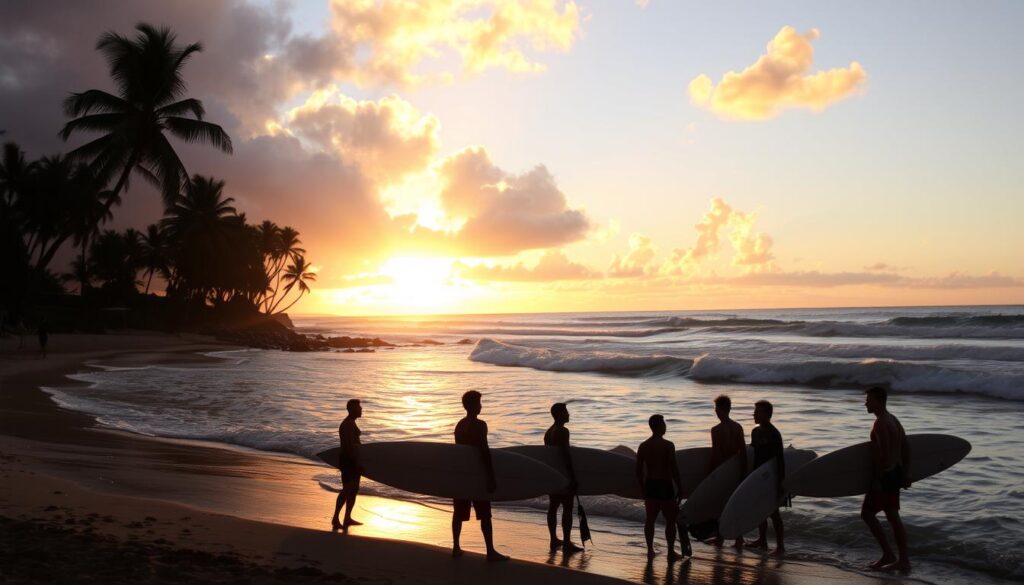 Surfers at sunset in Haleiwa, Oahu - a surf-centric hidden beach town USA Surfers at sunset in Haleiwa, Oahu - a surf-centric hidden beach town USA