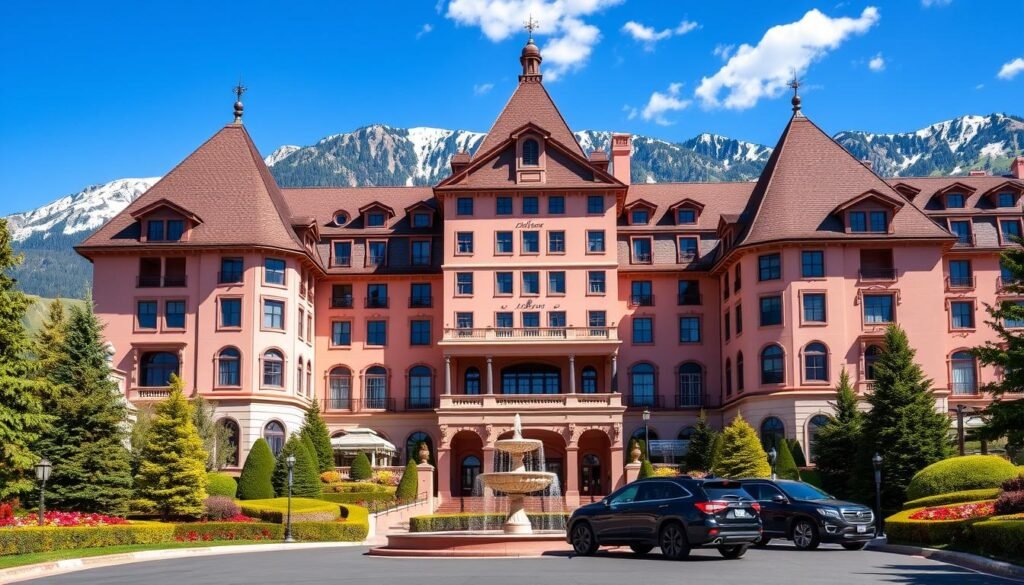 The Broadmoor resort exterior with mountain backdrop in Colorado Springs The Broadmoor resort exterior with mountain backdrop in Colorado Springs