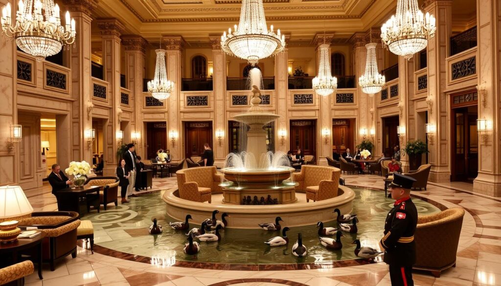 The Peabody Memphis hotel lobby with famous ducks The Peabody Memphis hotel lobby with famous ducks