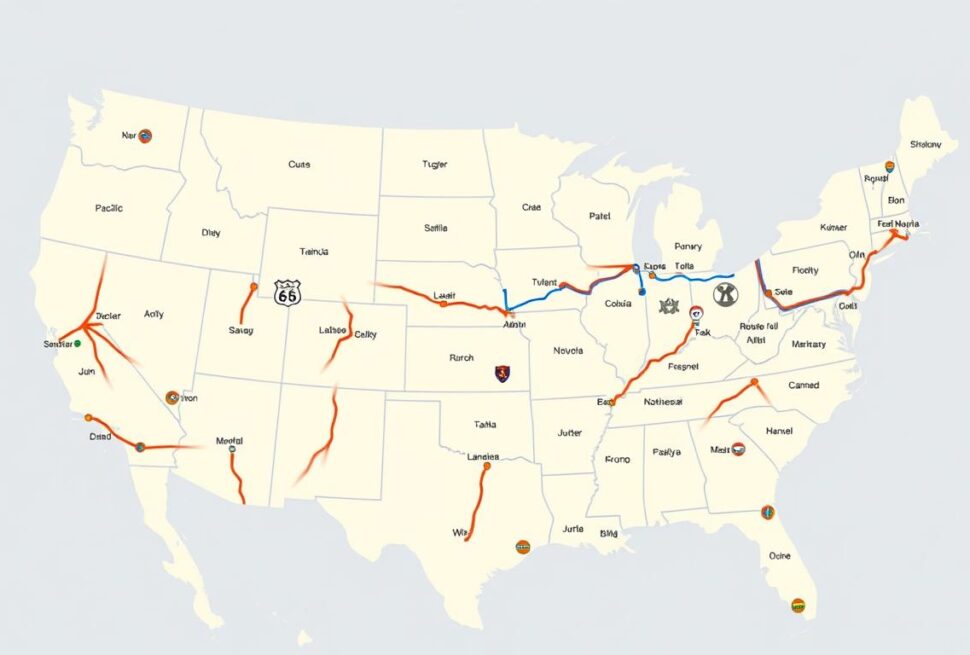 USA road trip planner map showing the 5 iconic routes across America