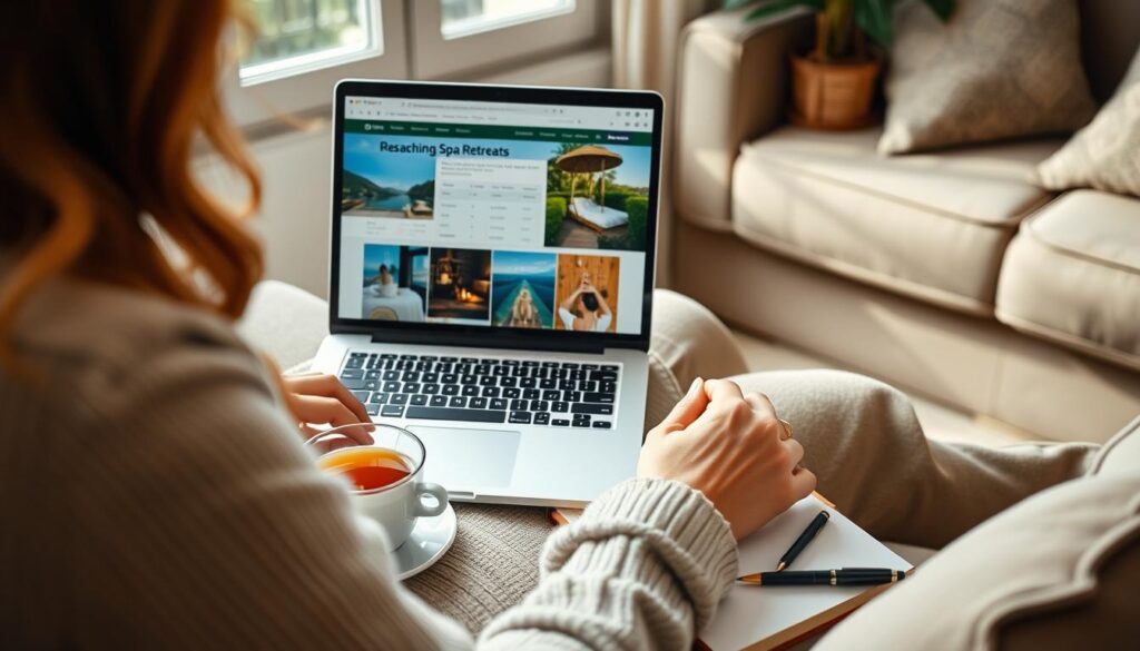 Woman researching spa retreats on laptop with notebook Woman researching spa retreats on laptop with notebook