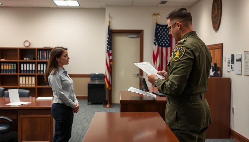 a military authentication process in a well-lit government office, with a uniformed military personnel standing at a counter and examining the documents of a visitor. the visitor is wearing business casual attire and standing across the counter, presenting their identification. the background features wooden furniture, shelves with binders, and a large American flag on the wall. the scene conveys a sense of order, authority, and attention to detail, with a serious yet professional atmosphere.