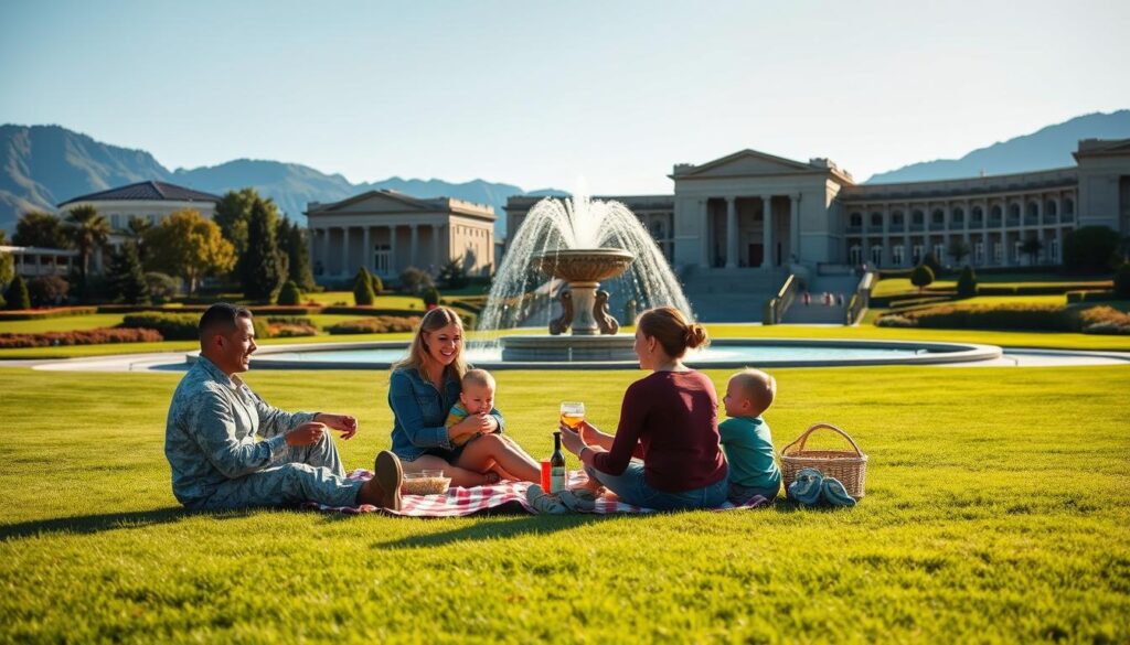 a military family enjoying a picnic on a lush, rolling green lawn, with a scenic backdrop of majestic mountains and a clear blue sky. In the foreground, a father, mother, and two children sit around a checkered blanket, sharing a meal and laughing together. The middle ground features a large, ornate fountain with cascading water, and the background showcases a stately military base with imposing, well-maintained buildings. The scene is bathed in warm, golden sunlight, creating a sense of comfort and tranquility. The overall atmosphere evokes a feeling of family-friendly leisure and recreation at a premier military destination.