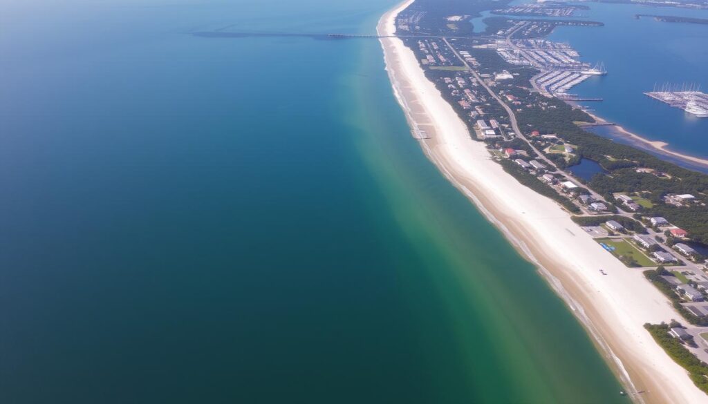Aerial view of Hilton Head Island's beaches and golf courses, one of the best USA islands for recreation Aerial view of Hilton Head Island's beaches and golf courses, one of the best USA islands for recreation