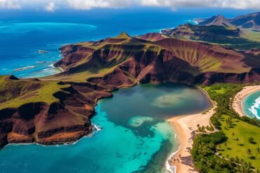 Aerial view of Maui's volcanic landscape and beaches, one of the best USA islands