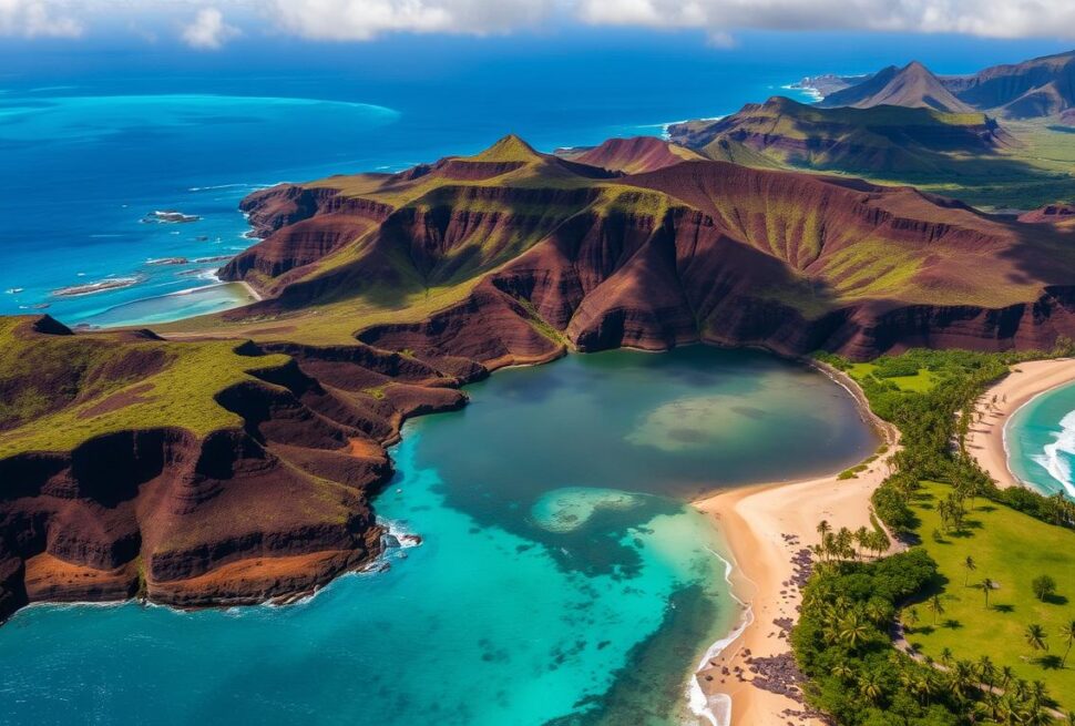 Aerial view of Maui's volcanic landscape and beaches, one of the best USA islands