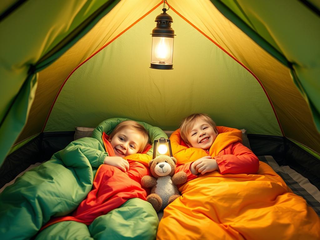 Children in colorful sleeping bags inside a family camping tent Children in colorful sleeping bags inside a family camping tent
