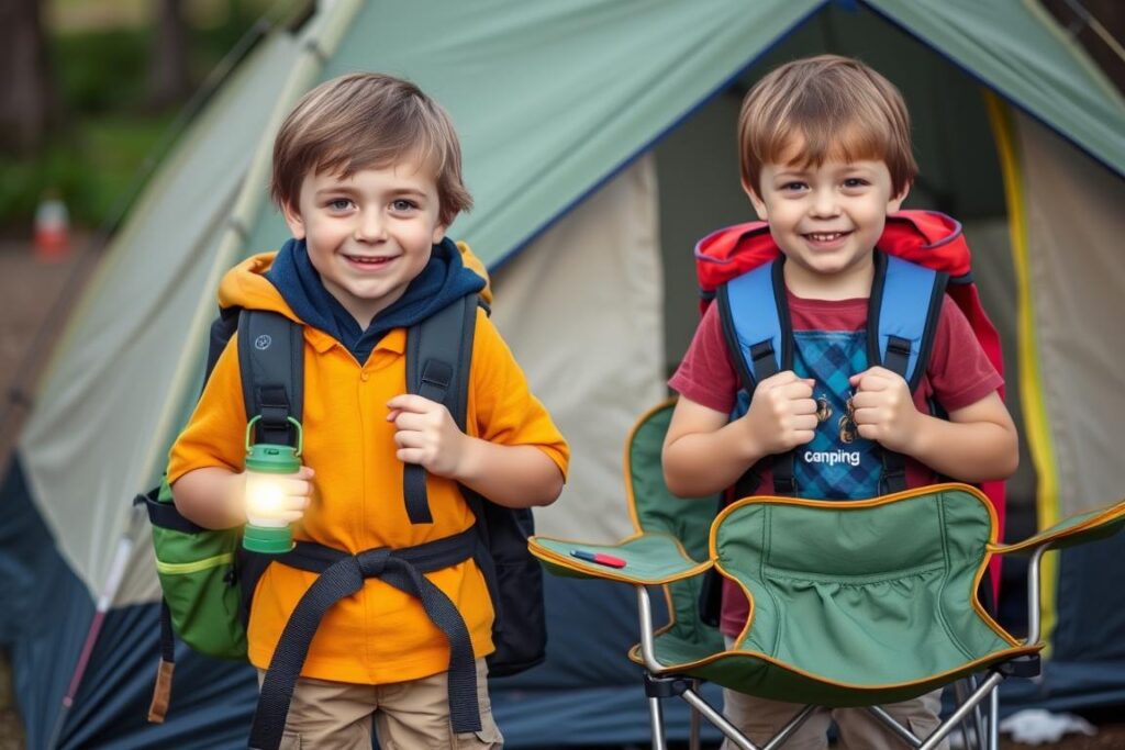 Children with their own camping gear including small backpacks and headlamps Children with their own camping gear including small backpacks and headlamps