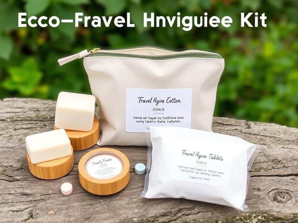 Eco-friendly travel hygiene kit with solid shampoo bars, bamboo containers, and plastic-free packaging Eco-friendly travel hygiene kit with solid shampoo bars, bamboo containers, and plastic-free packaging