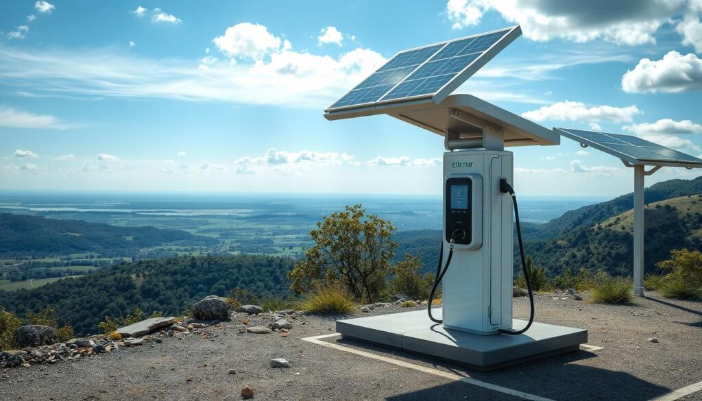 Electric vehicle charging at a scenic viewpoint with solar panels Electric vehicle charging at a scenic viewpoint with solar panels