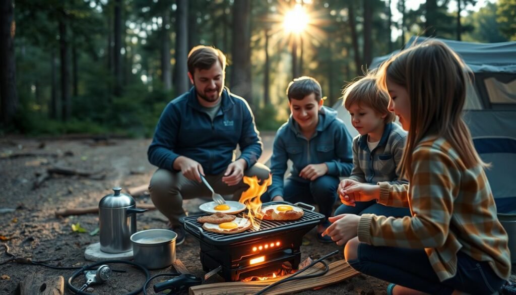 Family cooking breakfast at a campsite with portable camping stove Family cooking breakfast at a campsite with portable camping stove