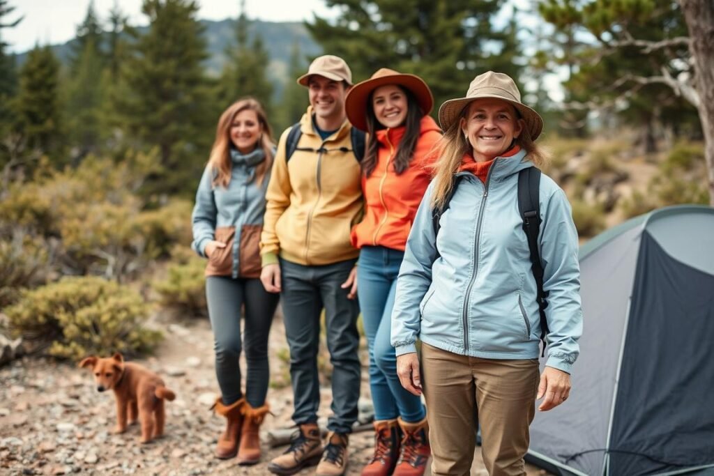 Family dressed in appropriate camping attire for different weather conditions Family dressed in appropriate camping attire for different weather conditions