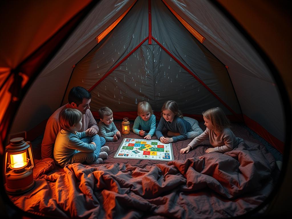 Family playing board games inside a tent during rainy weather Family playing board games inside a tent during rainy weather