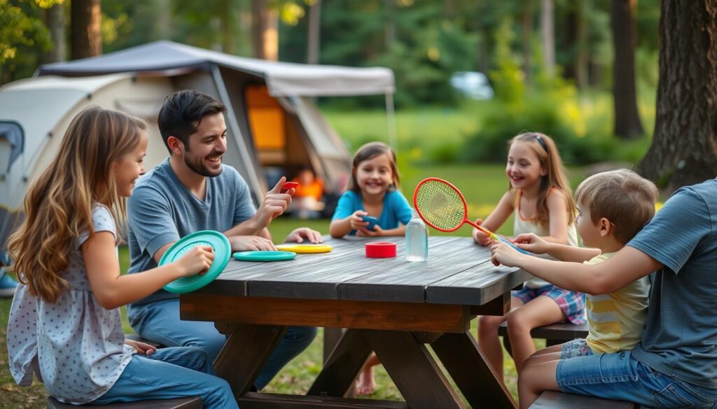 Family playing outdoor games at a campsite Family playing outdoor games at a campsite