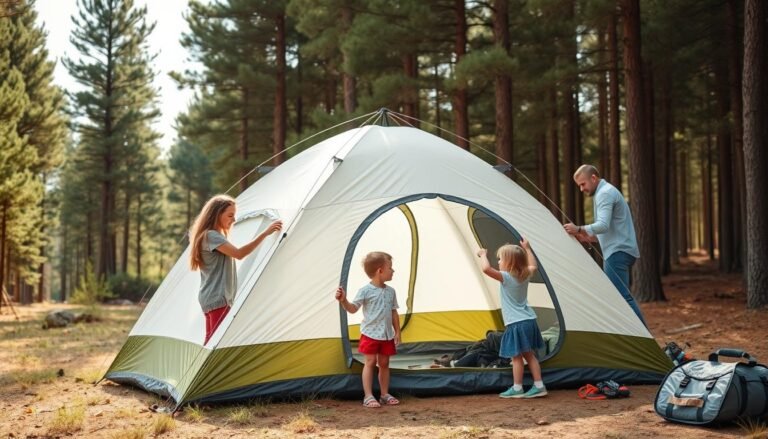 Family setting up a spacious camping tent in a forest campsite