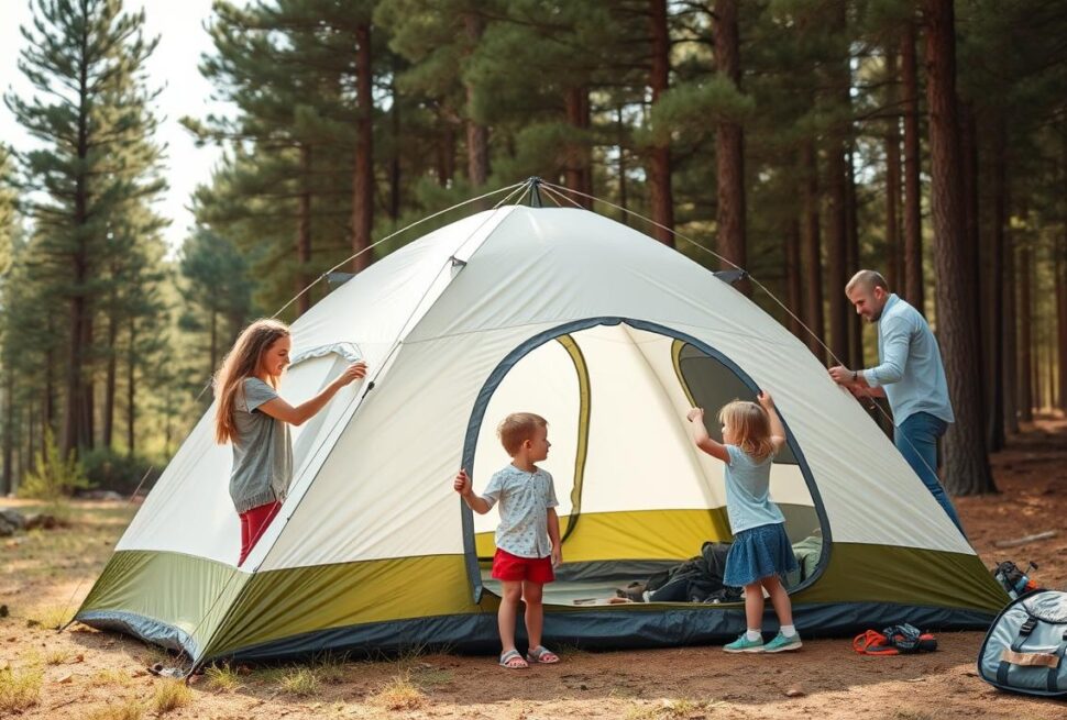 Family setting up a spacious camping tent in a forest campsite