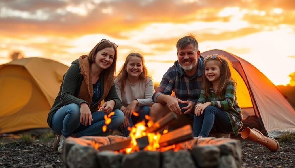 Happy family enjoying sunset at campsite after a successful day outdoors Happy family enjoying sunset at campsite after a successful day outdoors