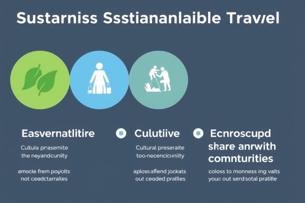Infographic showing the three pillars of sustainable travel: environmental protection, cultural preservation, and economic support Infographic showing the three pillars of sustainable travel: environmental protection, cultural preservation, and economic support