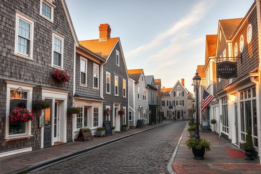 Nantucket's historic downtown with cobblestone streets, one of the best USA islands for history buffs Nantucket's historic downtown with cobblestone streets, one of the best USA islands for history buffs