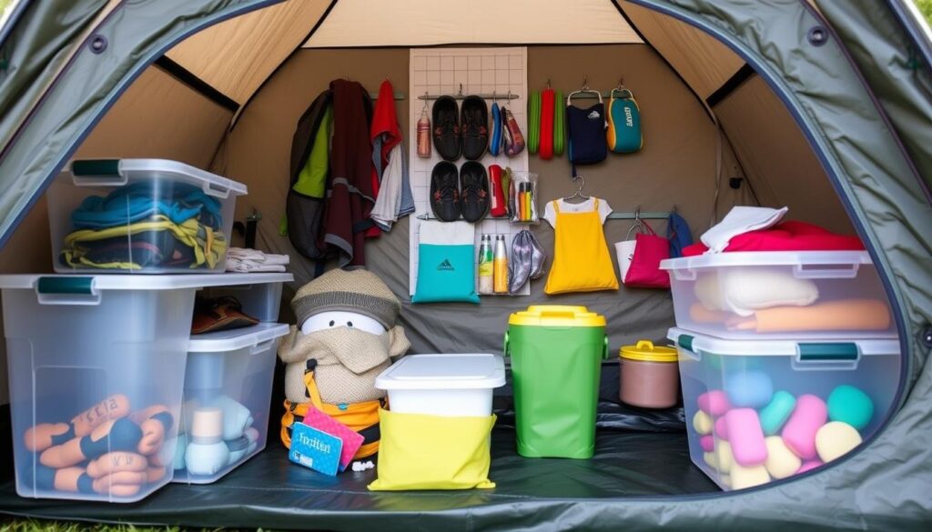 Organized family camping setup with clever storage solutions Organized family camping setup with clever storage solutions