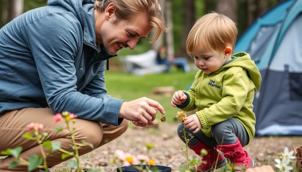 Parent helping young child explore nature safely at a campsite Parent helping young child explore nature safely at a campsite