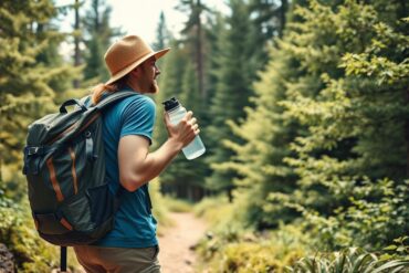 Person hiking through a lush green forest with eco-friendly travel gear