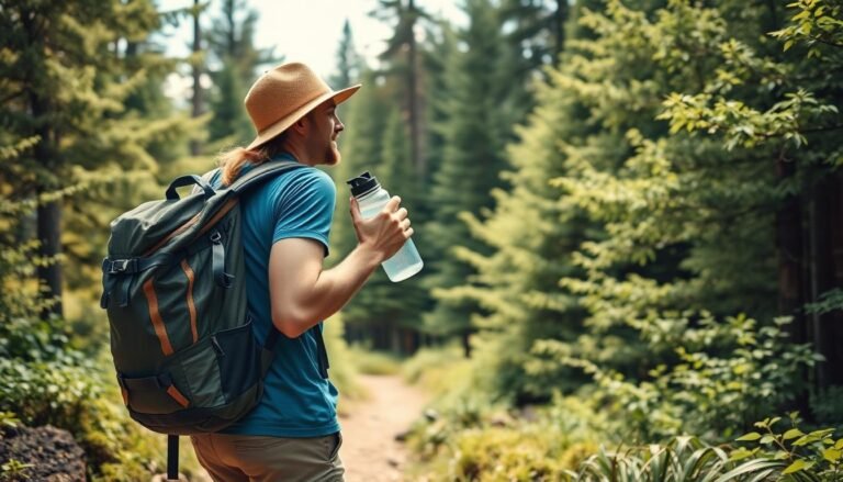 Person hiking through a lush green forest with eco-friendly travel gear